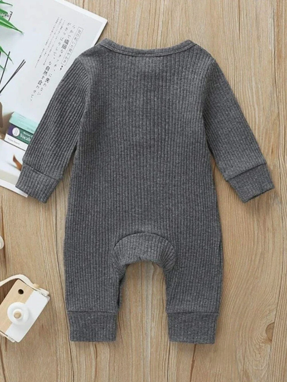 Baby Boy Girl Ribbed Gray Long Sleeve Front Button Jumpsuit Cotton Onepiece 6-9M